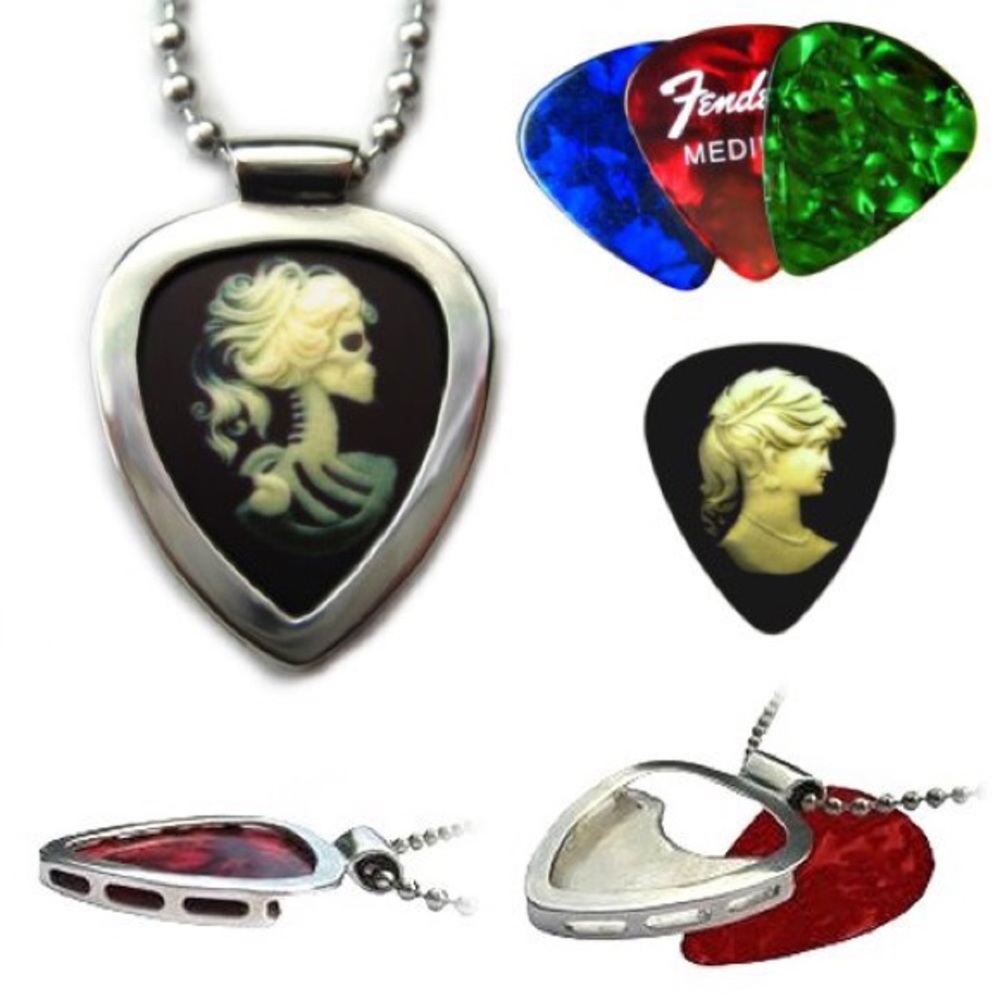 Pickbay Guitar Pick holder necklace set + Cameo Skeleton Pick Classic & Goth NEW